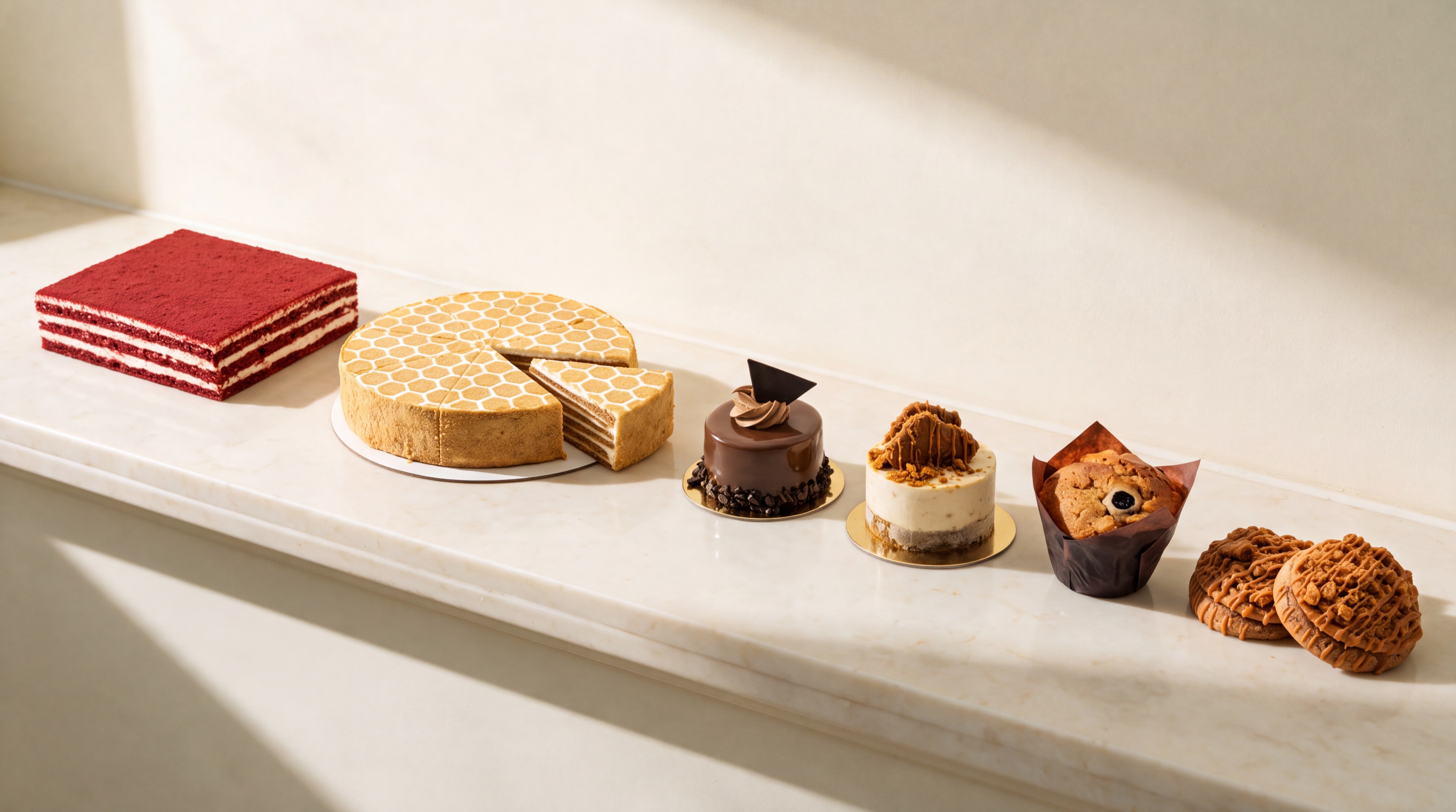 Mister Baker cake slabs, round cakes, portions, muffins and cookies on a marble counter
